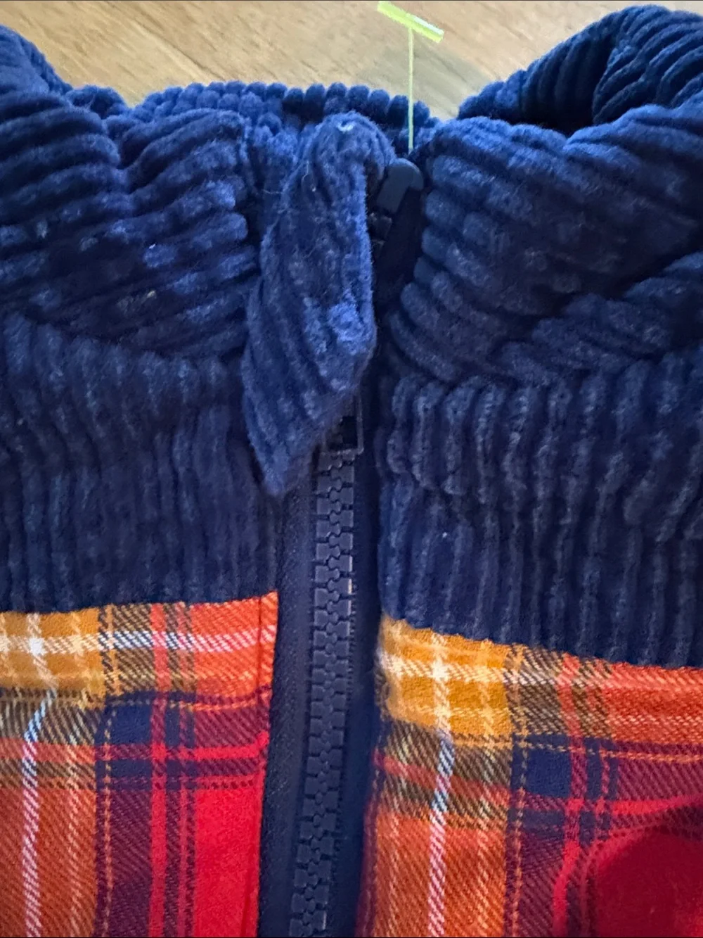 Tahari Red Plaid Puffer Vest with Navy Corduroy Collar